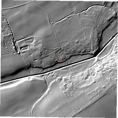 Shaded relief map of the ground around YO196SW, computed from Environment Agency LiDAR. The ground here sits at about 7 m above sea level and falls 17 m across the surrounding 800 m. Surface water reaching this point runs off ground lying to the north-west, 2.7 m higher.