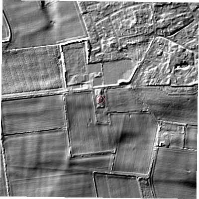 Shaded relief map of the ground around YO196TJ, computed from Environment Agency LiDAR. The ground here sits at about 8 m above sea level and falls 9 m across the surrounding 800 m. Surface water reaching this point runs off ground lying to the north, 1.4 m higher.