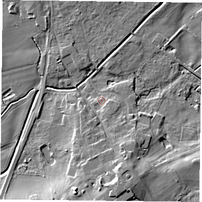Shaded relief map of the ground around YO196TP, computed from Environment Agency LiDAR. The ground here sits at about 8 m above sea level and falls 14 m across the surrounding 800 m. Surface water reaching this point runs off ground lying to the south-south-east, 3.3 m higher.