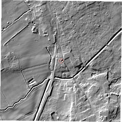 Shaded relief map of the ground around YO196UQ, computed from Environment Agency LiDAR. The ground here sits at about 9 m above sea level and falls 11 m across the surrounding 800 m. Surface water reaching this point runs off ground lying to the north, 0.9 m higher.