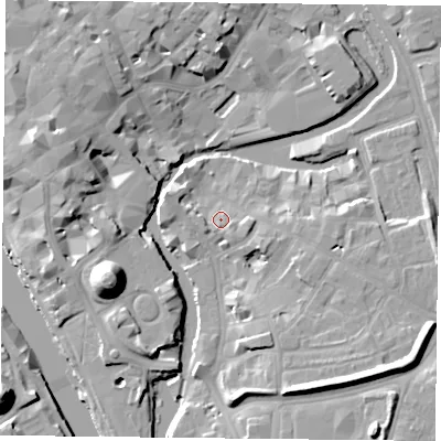 Shaded relief map of the ground around YO19AA, computed from Environment Agency LiDAR. The ground here sits at about 10 m above sea level and falls 19 m across the surrounding 800 m. Surface water reaching this point runs off ground lying to the west, 1.4 m higher.