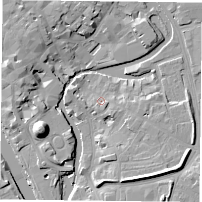 Shaded relief map of the ground around YO19AD, computed from Environment Agency LiDAR. The ground here sits at about 10 m above sea level and falls 19 m across the surrounding 800 m. Surface water reaching this point runs off ground lying to the east-south-east, 3.0 m higher.