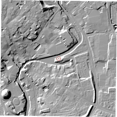 Shaded relief map of the ground around YO19AE, computed from Environment Agency LiDAR. The ground here sits at about 8 m above sea level and falls 19 m across the surrounding 800 m. Surface water reaching this point runs off ground lying to the south-south-east, 10.6 m higher.