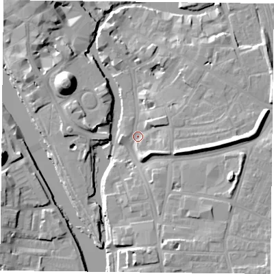 Shaded relief map of the ground around YO19AF, computed from Environment Agency LiDAR. The ground here sits at about 10 m above sea level and falls 19 m across the surrounding 800 m. Surface water reaching this point runs off ground lying to the north-east, 4.7 m higher.