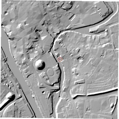 Shaded relief map of the ground around YO19AG, computed from Environment Agency LiDAR. The ground here sits at about 8 m above sea level and falls 19 m across the surrounding 800 m. Surface water reaching this point runs off ground lying to the west-south-west, 16.8 m higher.