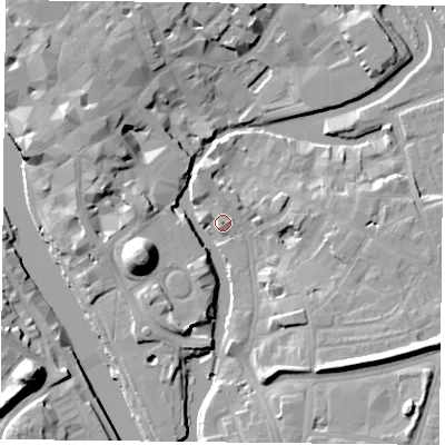 Shaded relief map of the ground around YO19NX, computed from Environment Agency LiDAR. The ground here sits at about 10 m above sea level and falls 19 m across the surrounding 800 m. Surface water reaching this point runs off ground lying to the east-south-east, 9.5 m higher.
