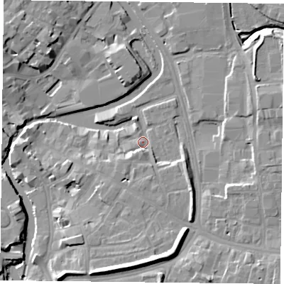 Shaded relief map of the ground around YO19PA, computed from Environment Agency LiDAR. The ground here sits at about 10 m above sea level and falls 13 m across the surrounding 800 m. Surface water reaching this point runs off ground lying to the south-east, 5.8 m higher.