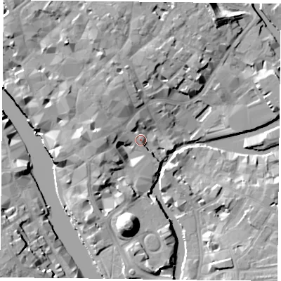 Shaded relief map of the ground around YO19PB, computed from Environment Agency LiDAR. The ground here sits at about 12 m above sea level and falls 19 m across the surrounding 800 m. Surface water reaching this point runs off ground lying to the north-north-west, 7.5 m higher.