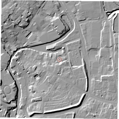 Shaded relief map of the ground around YO19PD, computed from Environment Agency LiDAR. The ground here sits at about 10 m above sea level and falls 14 m across the surrounding 800 m. Surface water reaching this point runs off ground lying to the south-south-west, 3.2 m higher.