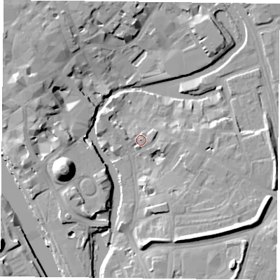 Shaded relief map of the ground around YO19PG, computed from Environment Agency LiDAR. The ground here sits at about 11 m above sea level and falls 19 m across the surrounding 800 m. Surface water reaching this point runs off ground lying to the east-north-east, 1.5 m higher.