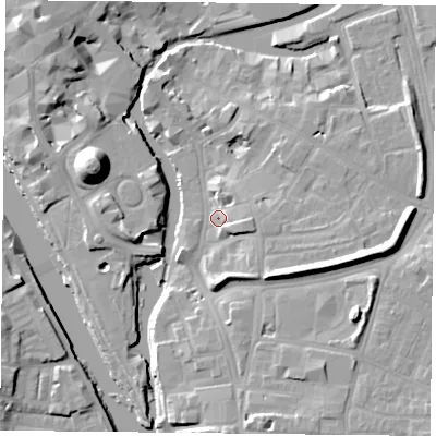 Shaded relief map of the ground around YO19PL, computed from Environment Agency LiDAR. The ground here sits at about 11 m above sea level and falls 19 m across the surrounding 800 m. Surface water reaching this point runs off ground lying to the east, 4.8 m higher.