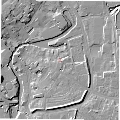 Shaded relief map of the ground around YO19PN, computed from Environment Agency LiDAR. The ground here sits at about 12 m above sea level and falls 19 m across the surrounding 800 m. Surface water reaching this point runs off ground lying to the east, 2.6 m higher.