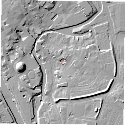 Shaded relief map of the ground around YO19PP, computed from Environment Agency LiDAR. The ground here sits at about 9 m above sea level and falls 19 m across the surrounding 800 m. Surface water reaching this point runs off ground lying to the south-east, 8.1 m higher.