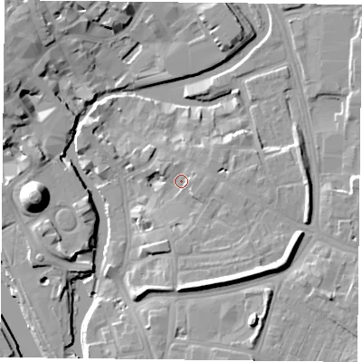 Shaded relief map of the ground around YO19QA, computed from Environment Agency LiDAR. The ground here sits at about 12 m above sea level and falls 19 m across the surrounding 800 m. Surface water reaching this point runs off ground lying to the east-south-east, 2.0 m higher.