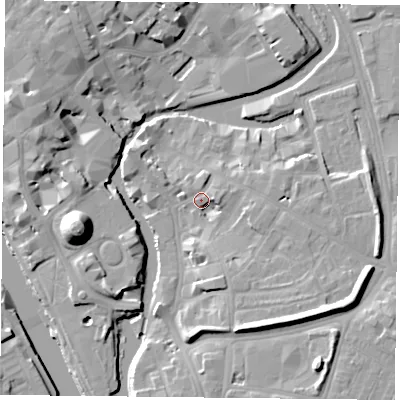 Shaded relief map of the ground around YO19QD, computed from Environment Agency LiDAR. The ground here sits at about 11 m above sea level and falls 19 m across the surrounding 800 m. Surface water reaching this point runs off ground lying to the east, 3.6 m higher.