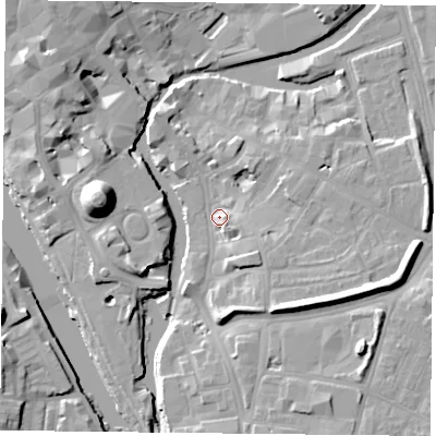 Shaded relief map of the ground around YO19QJ, computed from Environment Agency LiDAR. The ground here sits at about 11 m above sea level and falls 19 m across the surrounding 800 m. Surface water reaching this point runs off ground lying to the south-east, 5.4 m higher.