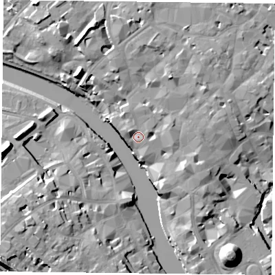 Shaded relief map of the ground around YO19QL, computed from Environment Agency LiDAR. The ground here sits at about 12 m above sea level and falls 20 m across the surrounding 800 m. Surface water reaching this point runs off ground lying to the north, 4.8 m higher.