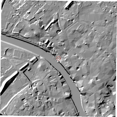 Shaded relief map of the ground around YO19QN, computed from Environment Agency LiDAR. The ground here sits at about 9 m above sea level and falls 19 m across the surrounding 800 m. Surface water reaching this point runs off ground lying to the west-south-west, 18.4 m higher.