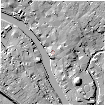 Shaded relief map of the ground around YO19QT, computed from Environment Agency LiDAR. The ground here sits at about 12 m above sea level and falls 19 m across the surrounding 800 m. Surface water reaching this point runs off ground lying to the east, 4.8 m higher.
