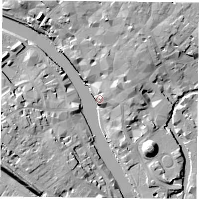 Shaded relief map of the ground around YO19QU, computed from Environment Agency LiDAR. The ground here sits at about 12 m above sea level and falls 19 m across the surrounding 800 m. Surface water reaching this point runs off ground lying to the west-south-west, 16.1 m higher.