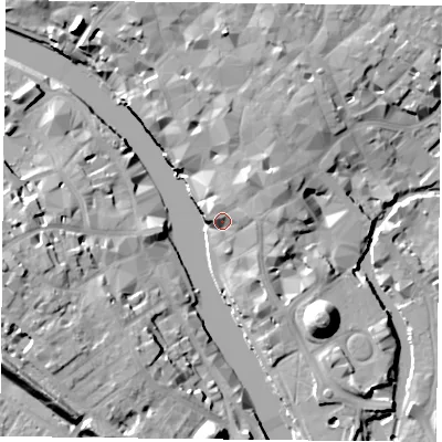 Shaded relief map of the ground around YO19QX, computed from Environment Agency LiDAR. The ground here sits at about 12 m above sea level and falls 19 m across the surrounding 800 m. Surface water reaching this point runs off ground lying to the north-east, 8.7 m higher.