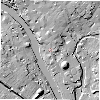 Shaded relief map of the ground around YO19RD, computed from Environment Agency LiDAR. The ground here sits at about 12 m above sea level and falls 19 m across the surrounding 800 m. Surface water reaching this point runs off ground lying to the north-north-east, 3.9 m higher.