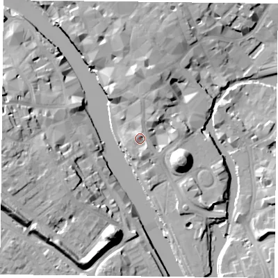 Shaded relief map of the ground around YO19RE, computed from Environment Agency LiDAR. The ground here sits at about 10 m above sea level and falls 19 m across the surrounding 800 m. Surface water reaching this point runs off ground lying to the north-north-east, 4.5 m higher.