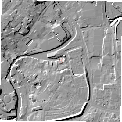 Shaded relief map of the ground around YO19RF, computed from Environment Agency LiDAR. The ground here sits at about 9 m above sea level and falls 13 m across the surrounding 800 m. Surface water reaching this point runs off ground lying to the south-south-east, 10.8 m higher.