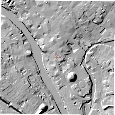 Shaded relief map of the ground around YO19RG, computed from Environment Agency LiDAR. The ground here sits at about 13 m above sea level and falls 19 m across the surrounding 800 m. Surface water reaching this point runs off ground lying to the north-north-east, 3.7 m higher.