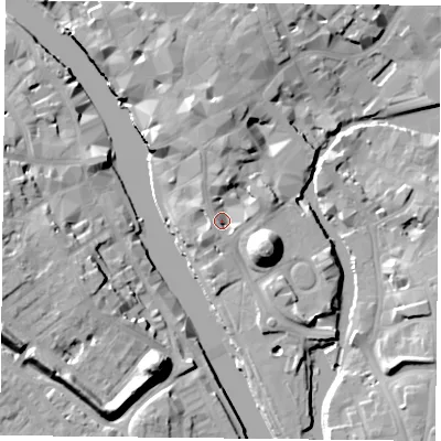Shaded relief map of the ground around YO19RH, computed from Environment Agency LiDAR. The ground here sits at about 11 m above sea level and falls 19 m across the surrounding 800 m. Surface water reaching this point runs off ground lying to the north, 7.0 m higher.