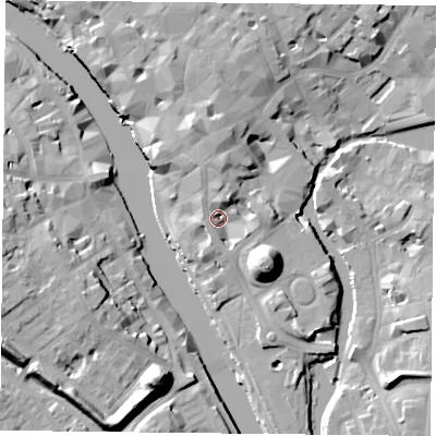 Shaded relief map of the ground around YO19RJ, computed from Environment Agency LiDAR. The ground here sits at about 11 m above sea level and falls 19 m across the surrounding 800 m. Surface water reaching this point runs off ground lying to the north, 7.0 m higher.