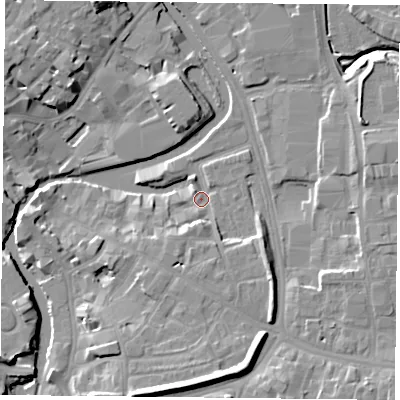 Shaded relief map of the ground around YO19RS, computed from Environment Agency LiDAR. The ground here sits at about 9 m above sea level and falls 13 m across the surrounding 800 m. Surface water reaching this point runs off ground lying to the south-east, 5.9 m higher.