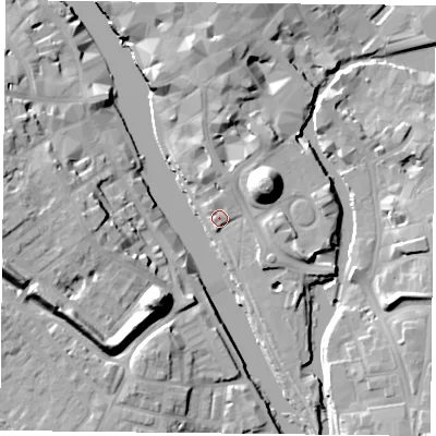 Shaded relief map of the ground around YO19RZ, computed from Environment Agency LiDAR. The ground here sits at about 9 m above sea level and falls 19 m across the surrounding 800 m. Surface water reaching this point runs off ground lying to the north-east, 16.3 m higher.