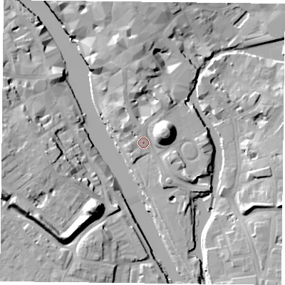 Shaded relief map of the ground around YO19SA, computed from Environment Agency LiDAR. The ground here sits at about 10 m above sea level and falls 19 m across the surrounding 800 m. Surface water reaching this point runs off ground lying to the east-north-east, 14.6 m higher.