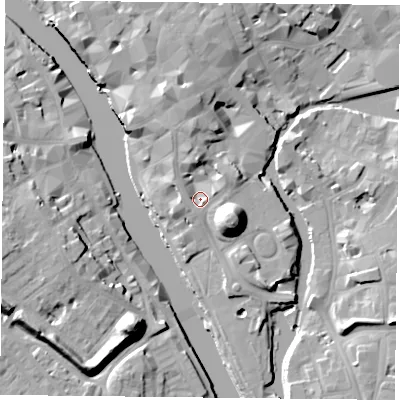 Shaded relief map of the ground around YO19SB, computed from Environment Agency LiDAR. The ground here sits at about 11 m above sea level and falls 19 m across the surrounding 800 m. Surface water reaching this point runs off ground lying to the north, 7.0 m higher.