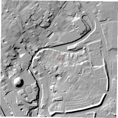 Shaded relief map of the ground around YO19SE, computed from Environment Agency LiDAR. The ground here sits at about 10 m above sea level and falls 19 m across the surrounding 800 m. Surface water reaching this point runs off ground lying to the south-south-east, 1.9 m higher.
