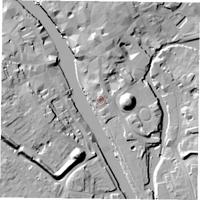 Shaded relief map of the ground around YO19SF, computed from Environment Agency LiDAR. The ground here sits at about 11 m above sea level and falls 19 m across the surrounding 800 m. Surface water reaching this point runs off ground lying to the north, 7.1 m higher.