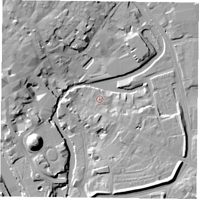 Shaded relief map of the ground around YO19SG, computed from Environment Agency LiDAR. The ground here sits at about 10 m above sea level and falls 19 m across the surrounding 800 m. Surface water reaching this point runs off ground lying to the south-south-east, 2.2 m higher.
