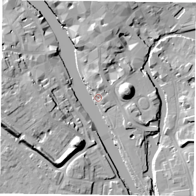 Shaded relief map of the ground around YO19SH, computed from Environment Agency LiDAR. The ground here sits at about 9 m above sea level and falls 19 m across the surrounding 800 m. Surface water reaching this point runs off ground lying to the east-north-east, 18.9 m higher.