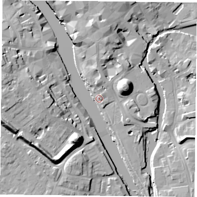 Shaded relief map of the ground around YO19SJ, computed from Environment Agency LiDAR. The ground here sits at about 9 m above sea level and falls 19 m across the surrounding 800 m. Surface water reaching this point runs off ground lying to the east-north-east, 18.9 m higher.