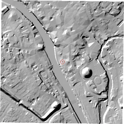 Shaded relief map of the ground around YO19SL, computed from Environment Agency LiDAR. The ground here sits at about 9 m above sea level and falls 19 m across the surrounding 800 m. Surface water reaching this point runs off ground lying to the north-east, 4.1 m higher.