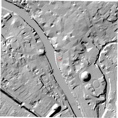 Shaded relief map of the ground around YO19SN, computed from Environment Agency LiDAR. The ground here sits at about 9 m above sea level and falls 19 m across the surrounding 800 m. Surface water reaching this point runs off ground lying to the west, 15.9 m higher.