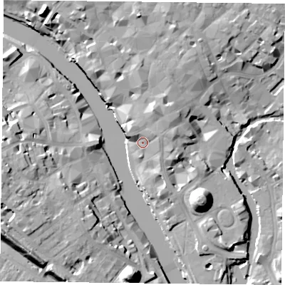 Shaded relief map of the ground around YO19SP, computed from Environment Agency LiDAR. The ground here sits at about 11 m above sea level and falls 19 m across the surrounding 800 m. Surface water reaching this point runs off ground lying to the north-east, 6.9 m higher.