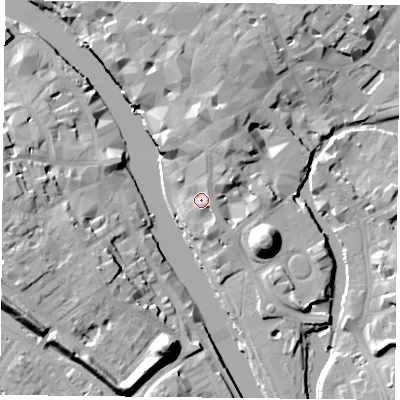 Shaded relief map of the ground around YO19SQ, computed from Environment Agency LiDAR. The ground here sits at about 10 m above sea level and falls 19 m across the surrounding 800 m. Surface water reaching this point runs off ground lying to the north-north-east, 3.7 m higher.