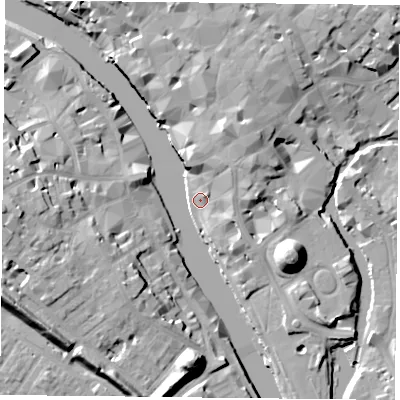 Shaded relief map of the ground around YO19SR, computed from Environment Agency LiDAR. The ground here sits at about 9 m above sea level and falls 19 m across the surrounding 800 m. Surface water reaching this point runs off ground lying to the north-east, 7.4 m higher.