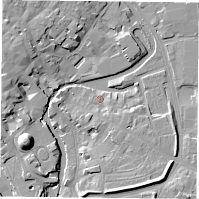 Shaded relief map of the ground around YO19SU, computed from Environment Agency LiDAR. The ground here sits at about 10 m above sea level and falls 19 m across the surrounding 800 m. Surface water reaching this point runs off ground lying to the south-south-east, 2.8 m higher.
