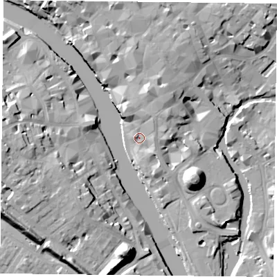 Shaded relief map of the ground around YO19SW, computed from Environment Agency LiDAR. The ground here sits at about 9 m above sea level and falls 19 m across the surrounding 800 m. Surface water reaching this point runs off ground lying to the north-east, 6.9 m higher.