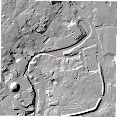 Shaded relief map of the ground around YO19SX, computed from Environment Agency LiDAR. The ground here sits at about 9 m above sea level and falls 19 m across the surrounding 800 m. Surface water reaching this point runs off ground lying to the south-south-east, 10.8 m higher.