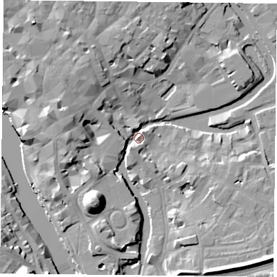 Shaded relief map of the ground around YO19SY, computed from Environment Agency LiDAR. The ground here sits at about 10 m above sea level and falls 19 m across the surrounding 800 m. Surface water reaching this point runs off ground lying to the north-north-west, 9.3 m higher.