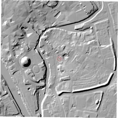 Shaded relief map of the ground around YO19SZ, computed from Environment Agency LiDAR. The ground here sits at about 10 m above sea level and falls 19 m across the surrounding 800 m. Surface water reaching this point runs off ground lying to the east-south-east, 9.5 m higher.